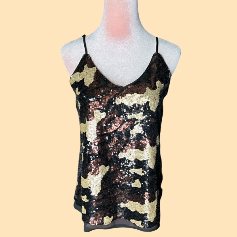 REVOLVE Three Eighty-Two Sequin Tank Top in Brown/Black/Tan Camo Print, XS. NWT!